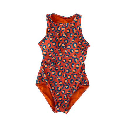 Orange swimsuit with blue leopard print on a white background