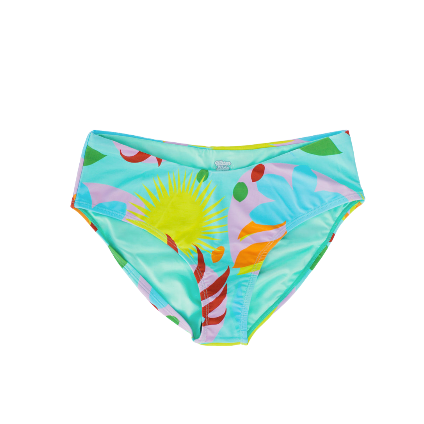 Colorful bikini bottom with tropical design on a white background