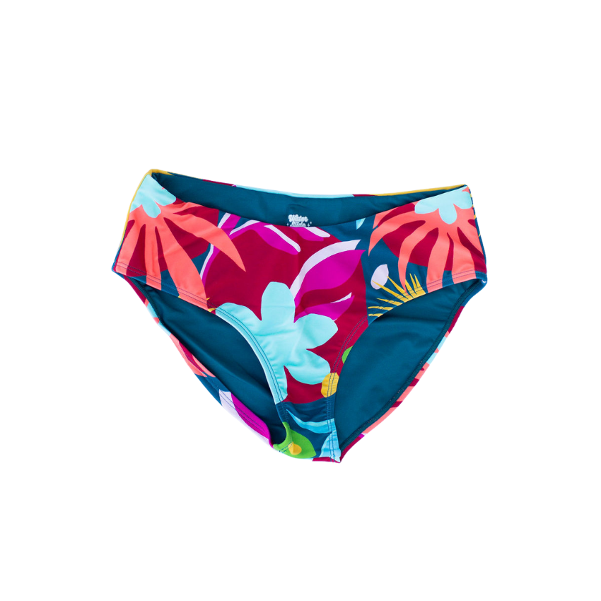 Colorful floral-patterned bikini bottom on a white background