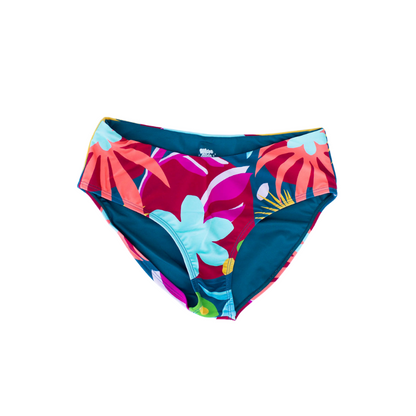 Colorful floral-patterned bikini bottom on a white background