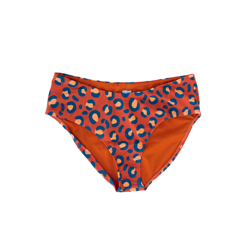 Orange bikini bottom with blue and yellow pattern on a white background