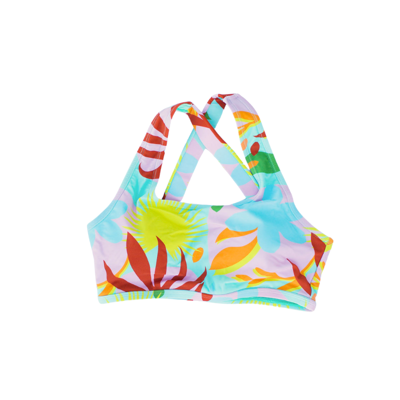 Colorful floral-patterned bikini top on a white background