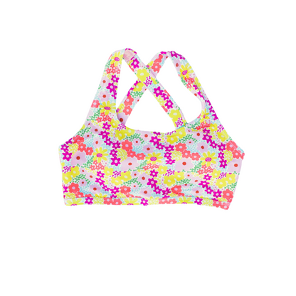 Floral-patterned bikini top on a white background