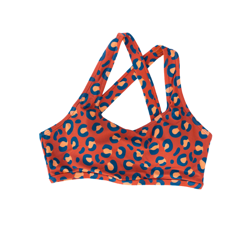 Bikini Top with blue and orange leopard print on a white background