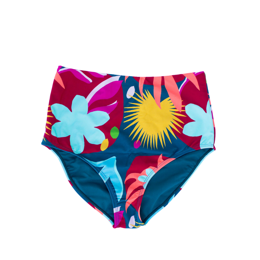 Colorful floral and sun-patterned swim bottoms on a white background