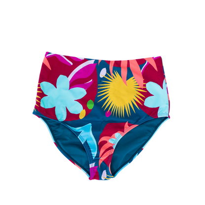 Colorful floral and sun-patterned swim bottoms on a white background