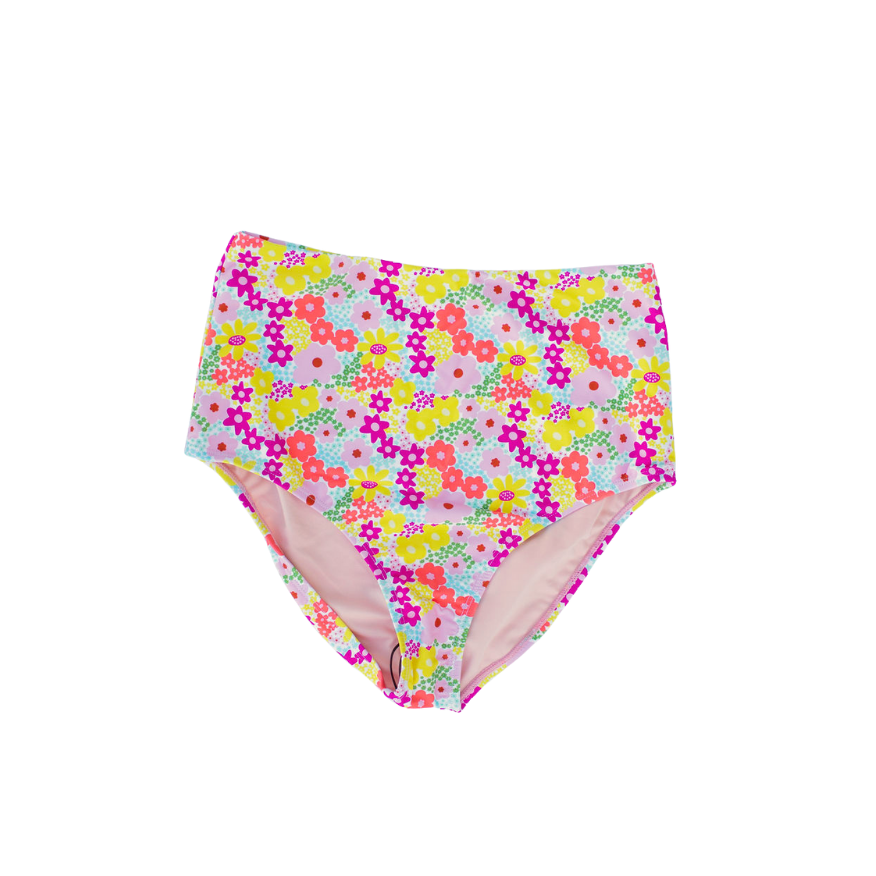 Floral-patterned swim bottoms on a white background